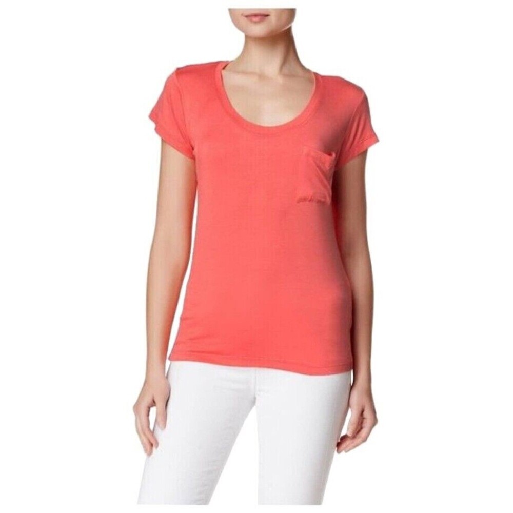 Sweet Romeo Short Sleeve Scoop Neck Pocket Tee Top T-Shirt In Coral Size M